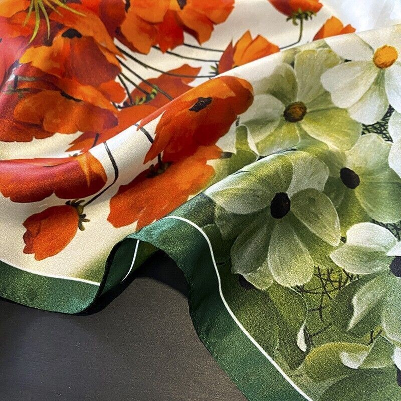 100% Silk Mulberry 27" Square Scarf Women Vintage Neckerchief Wrap Orange Flower