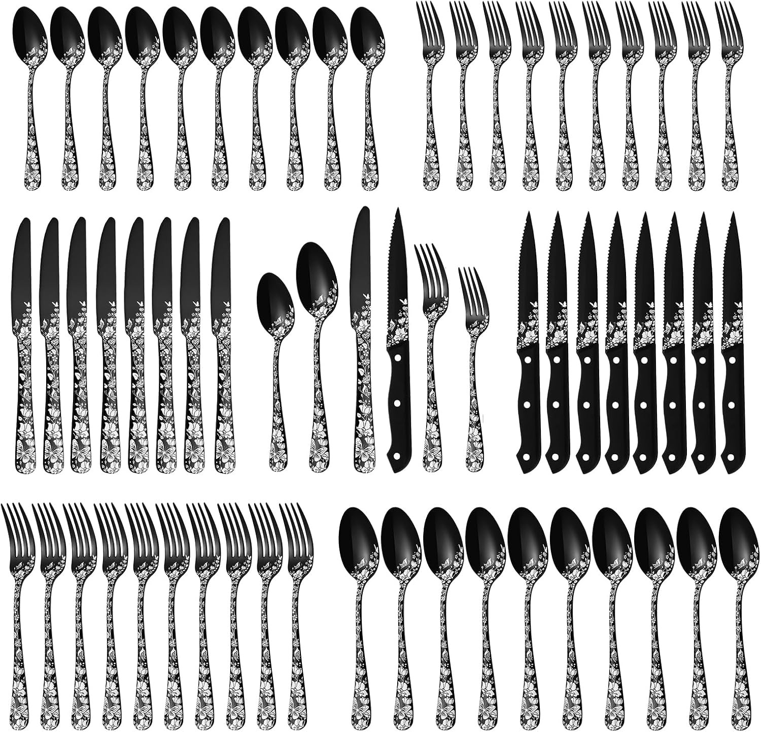48-Piece Black Silverware Set with Steak Knives, Stainless Steel Cutlery Flatwar