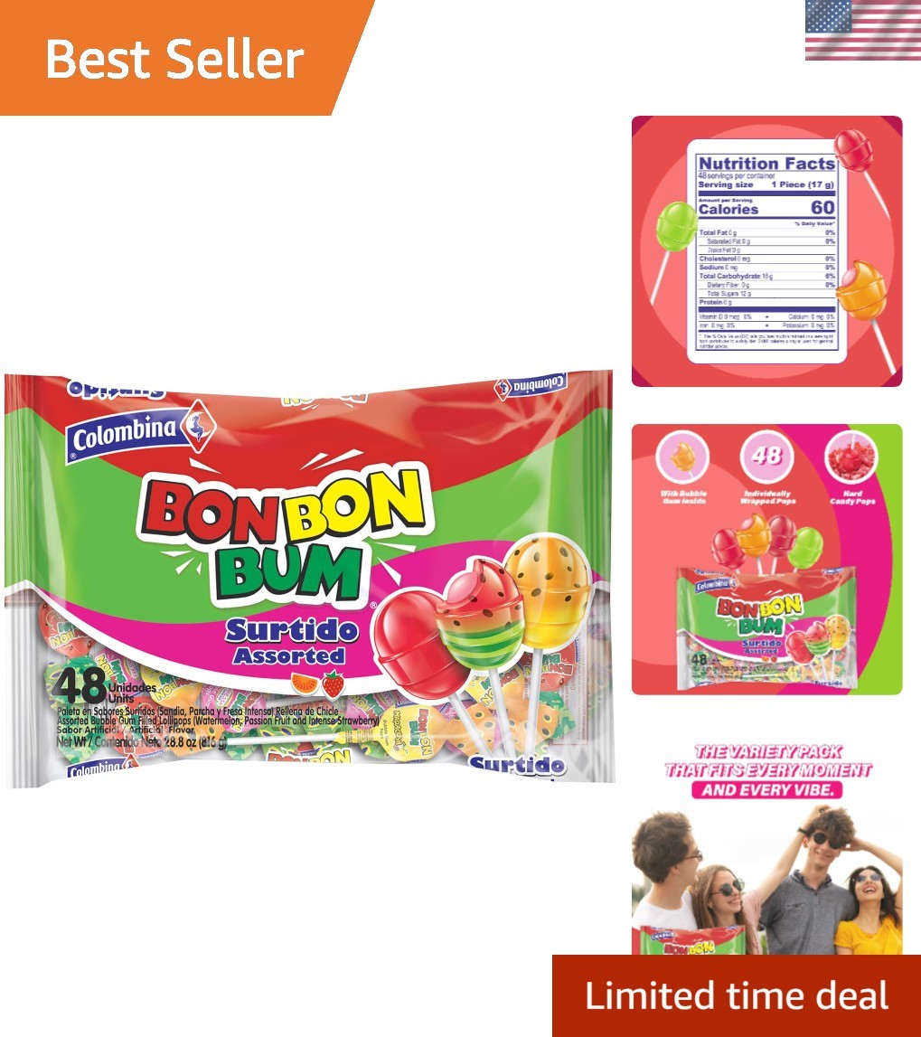 48 Count Bon Bon Bum Lollipops - Tropical Blast of Assorted Flavors for Parties