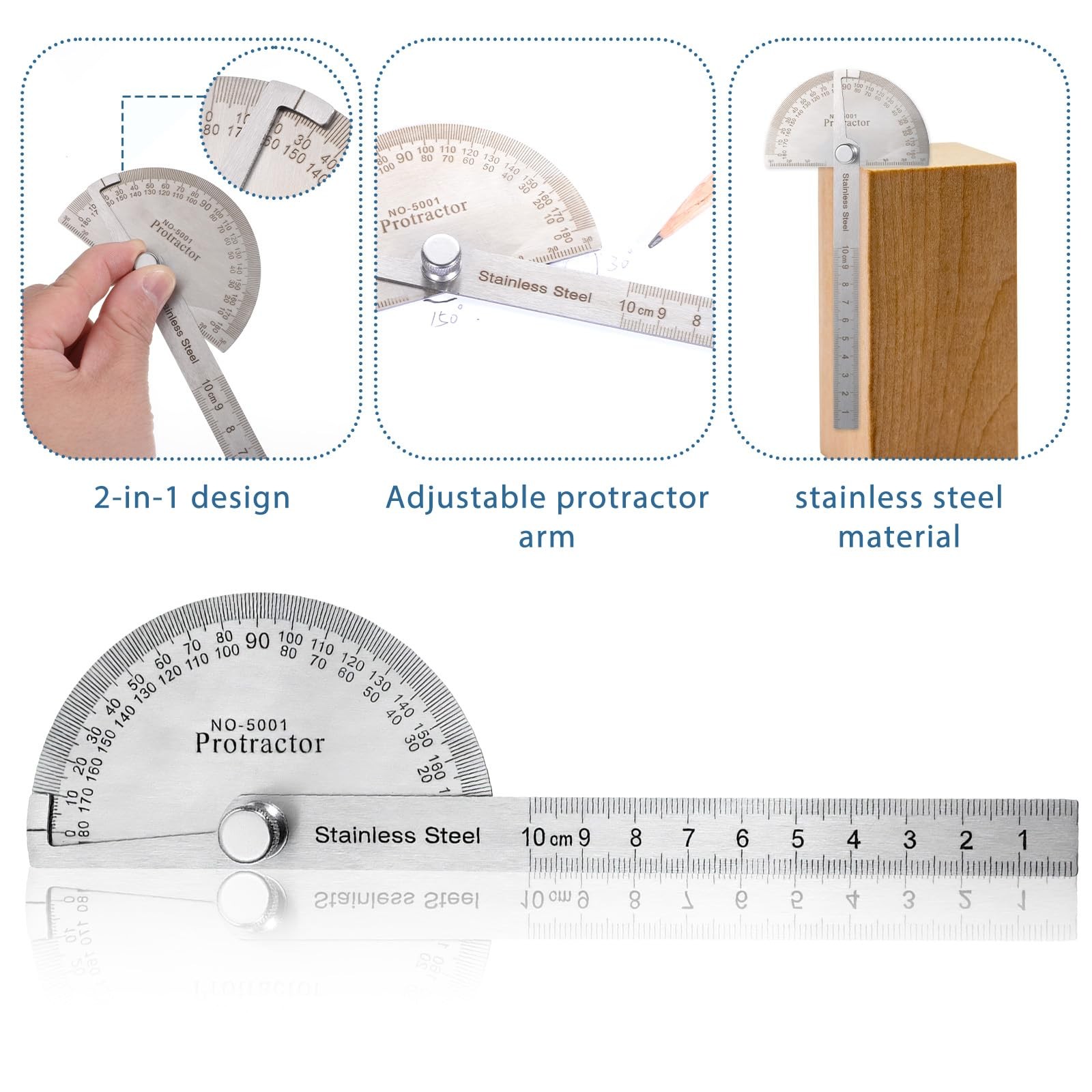 Stainless Steel Angle Protractor, 0-180 Degrees, Adjustable Woodworking...