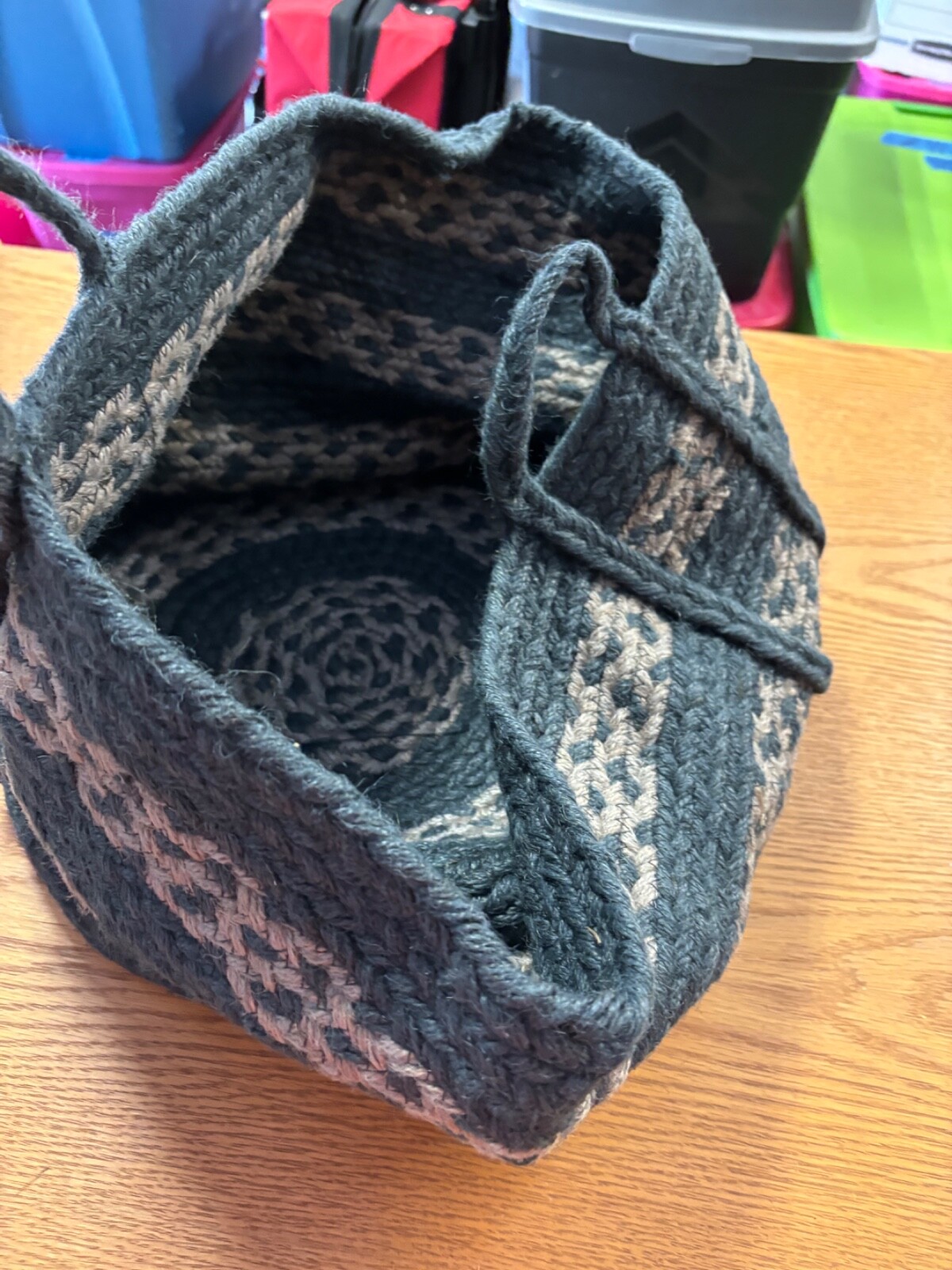 NEW Black Braided Jute Storage Basket Set x3 India 19x12" 14x10" 9x7" + Handles