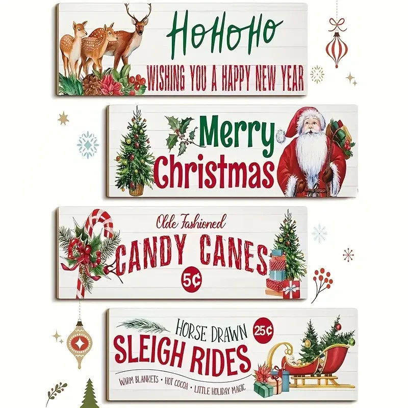 Retro Vintage Style Christmas Wooden Hanging Signs - Set of 4