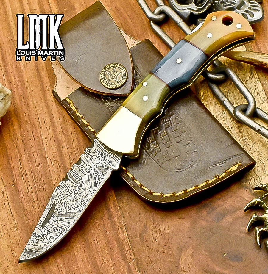 LMK Forged Twist Damascus Pocket Folding Knife Bone Back Lock Fishing Rare