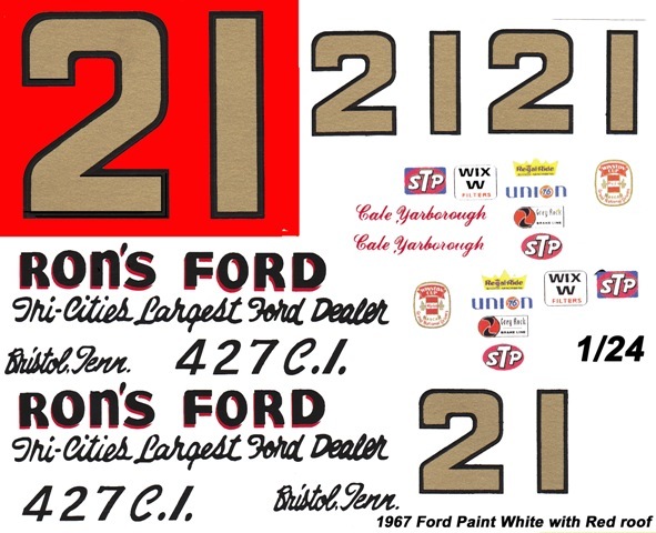 #21 Cale Yarborough Wood Bros Fairlane 1967 1/24th Waterslide DECALS