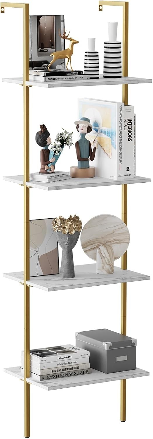 Ladder Shelf 4 Tiers Metal Industrial Bookshelf,White Marble Wood Tall Open