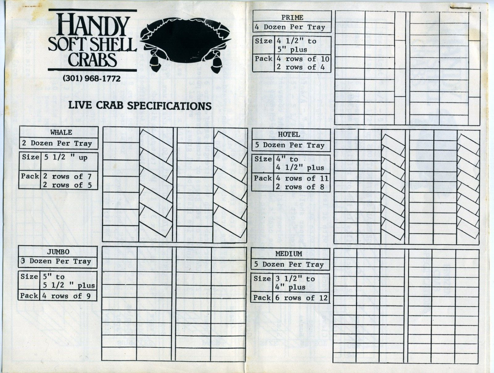 Vintage Handy Soft Shell Crabs Form w/ Specifications For Live & Frozen