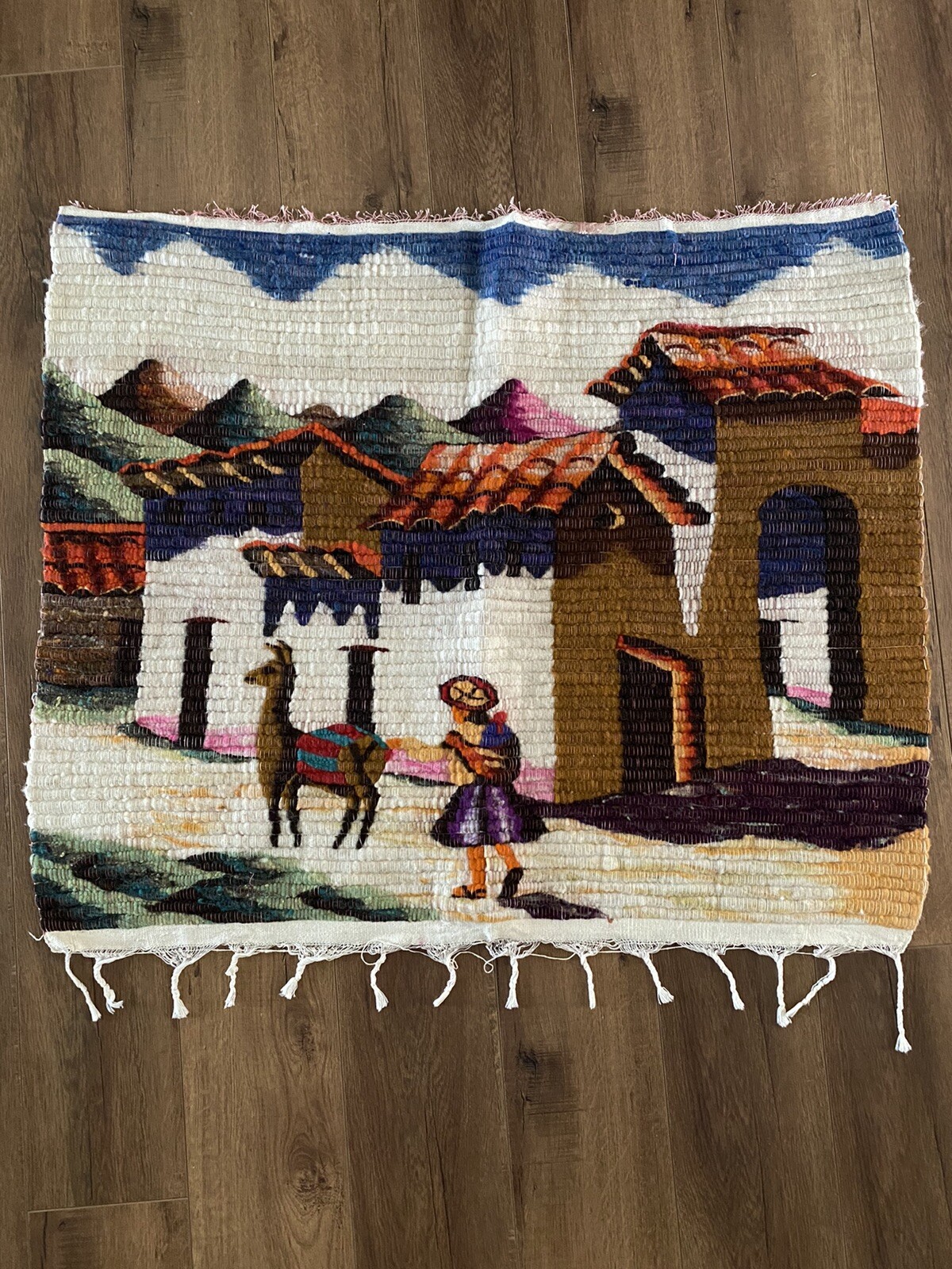 Peruvian Tapestry Vintage Wool Hand Woven Donkey Girl Village Scene  37" W 31" L