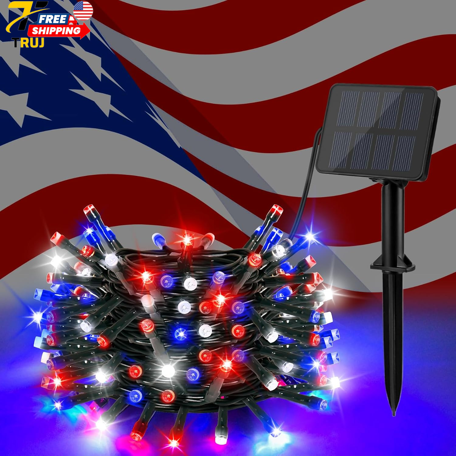 Red White and Blue Solar Lights 4Th of July Lights Waterproof Outdoor 39.4Ft 12