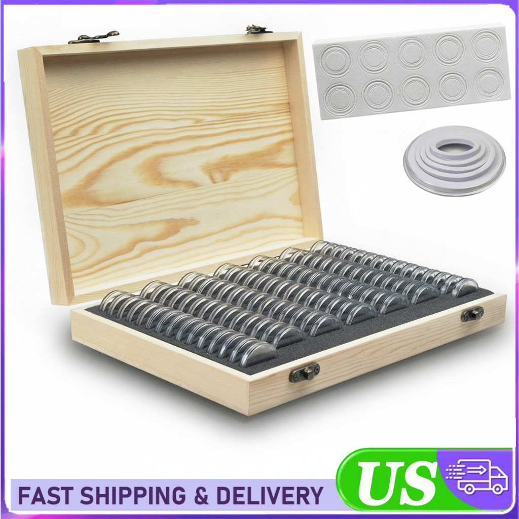 100 pcs Coin Capsules Storage Box with Wooden Case Holders Collection Display