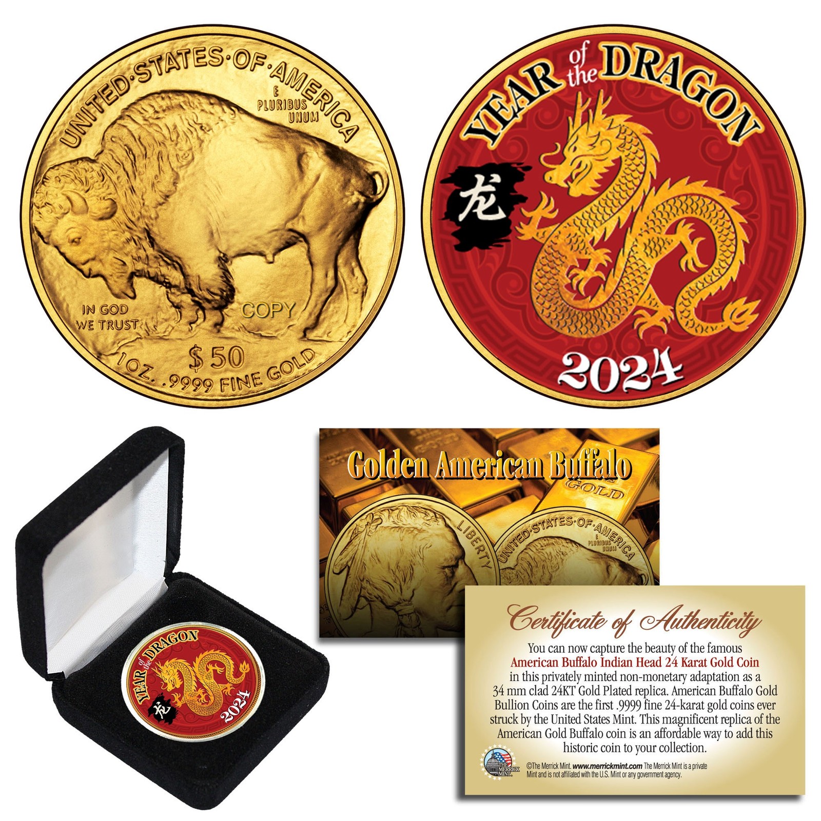 2024 Lunar YEAR OF DRAGON 24K Gold Clad $50 American Buffalo Tribute Coin BOX