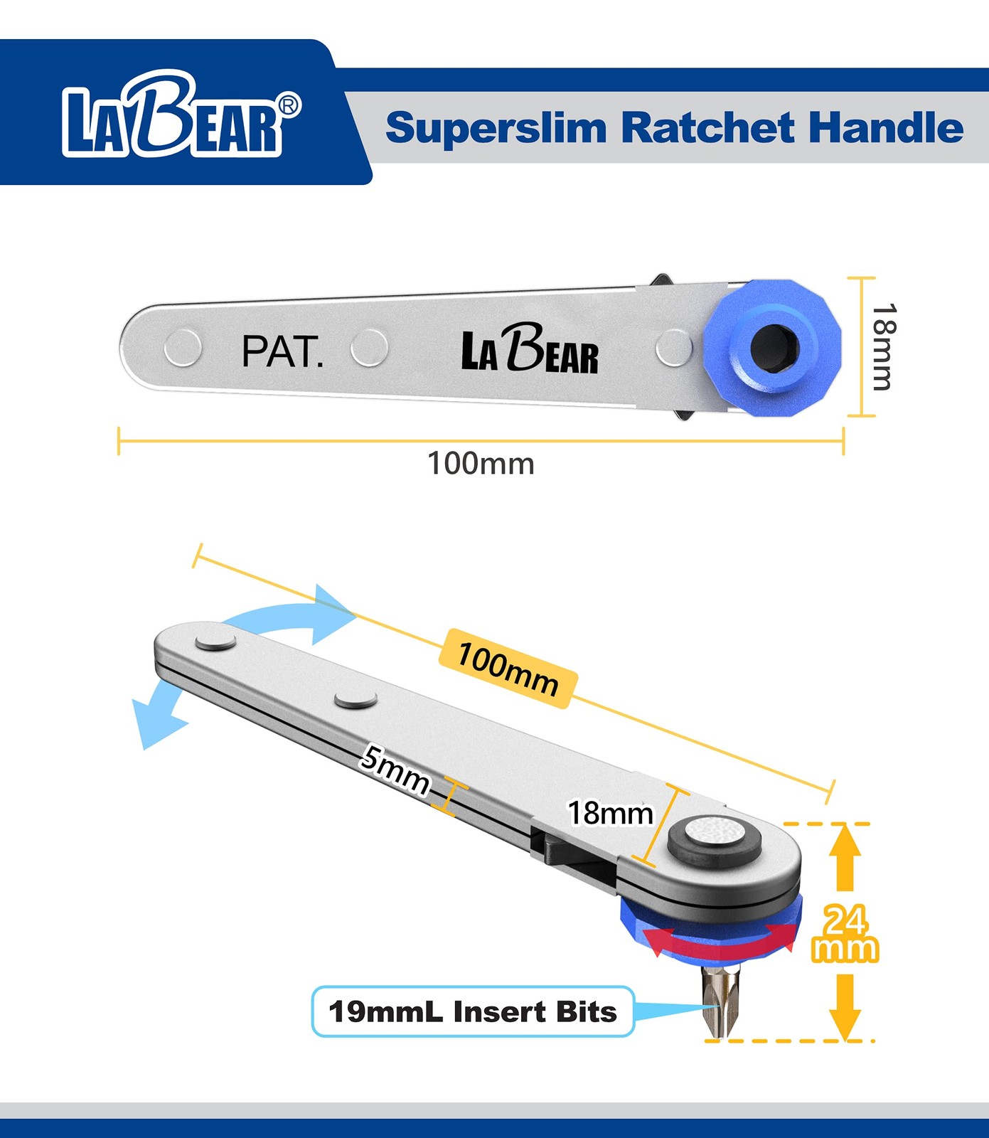 LABEAR Ultra Low Profile 12pc Ratchet and Bits Set, Blue