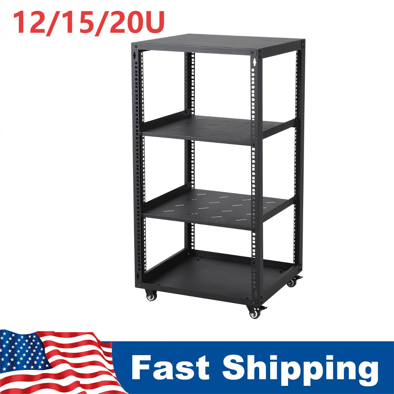 🔝12U 15U 20U Open Frame Server Rack Network Rack with Casters Floor Standing Wa