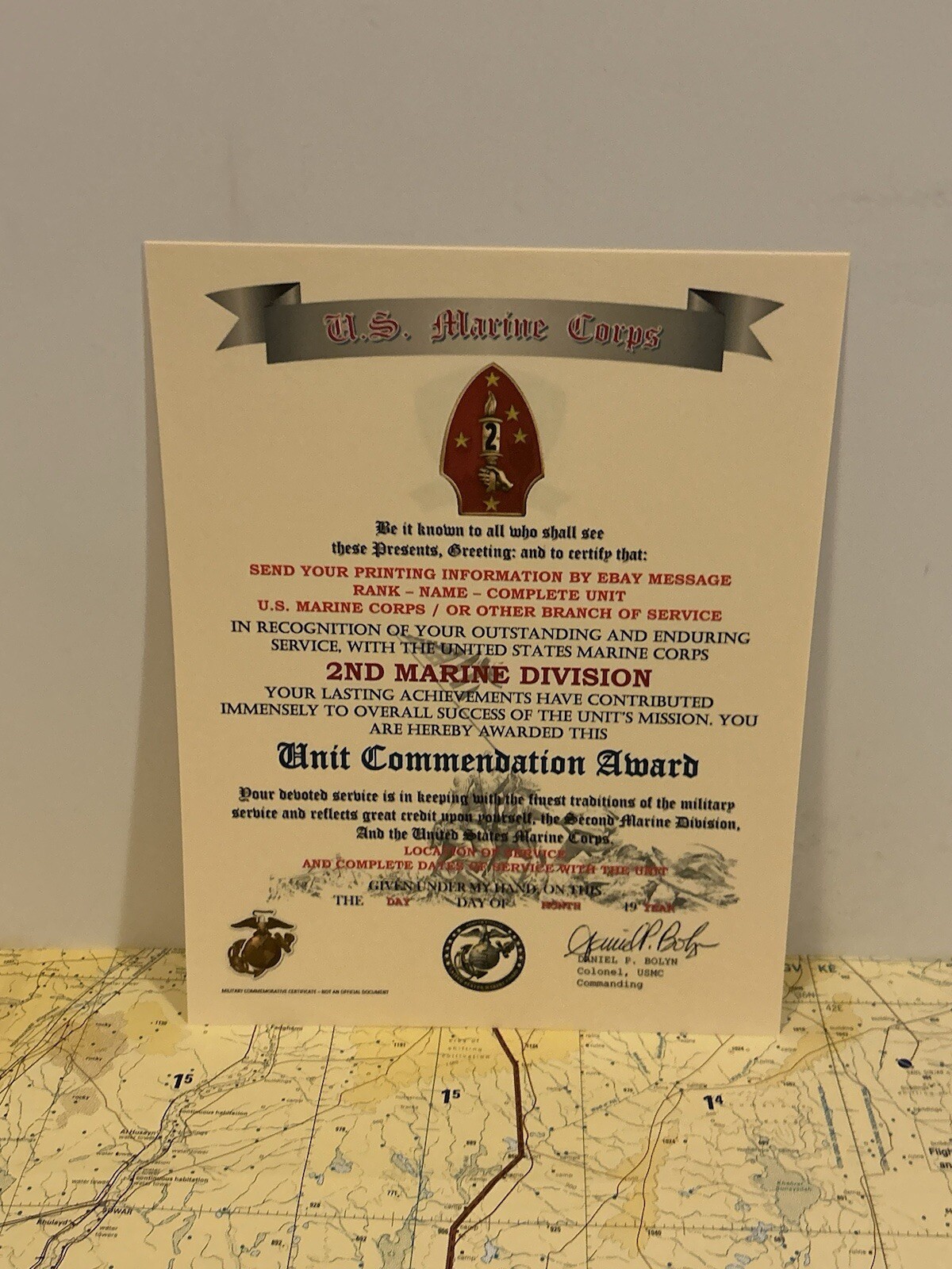 U.S.M.C. / 2ND MARINE DIVISION ~ UNIT COMMENDATION AWARD / CERTIFICATE