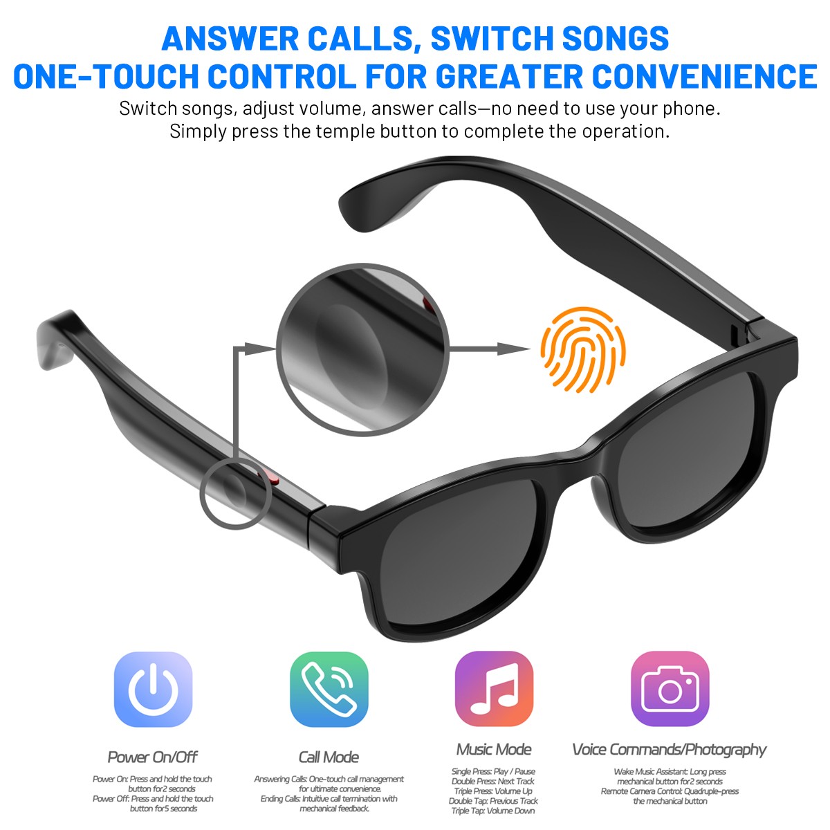 Bluetooth 5.4 Sunglasses Wireless Headphones Touch Stereo Speaker Smart Glasses