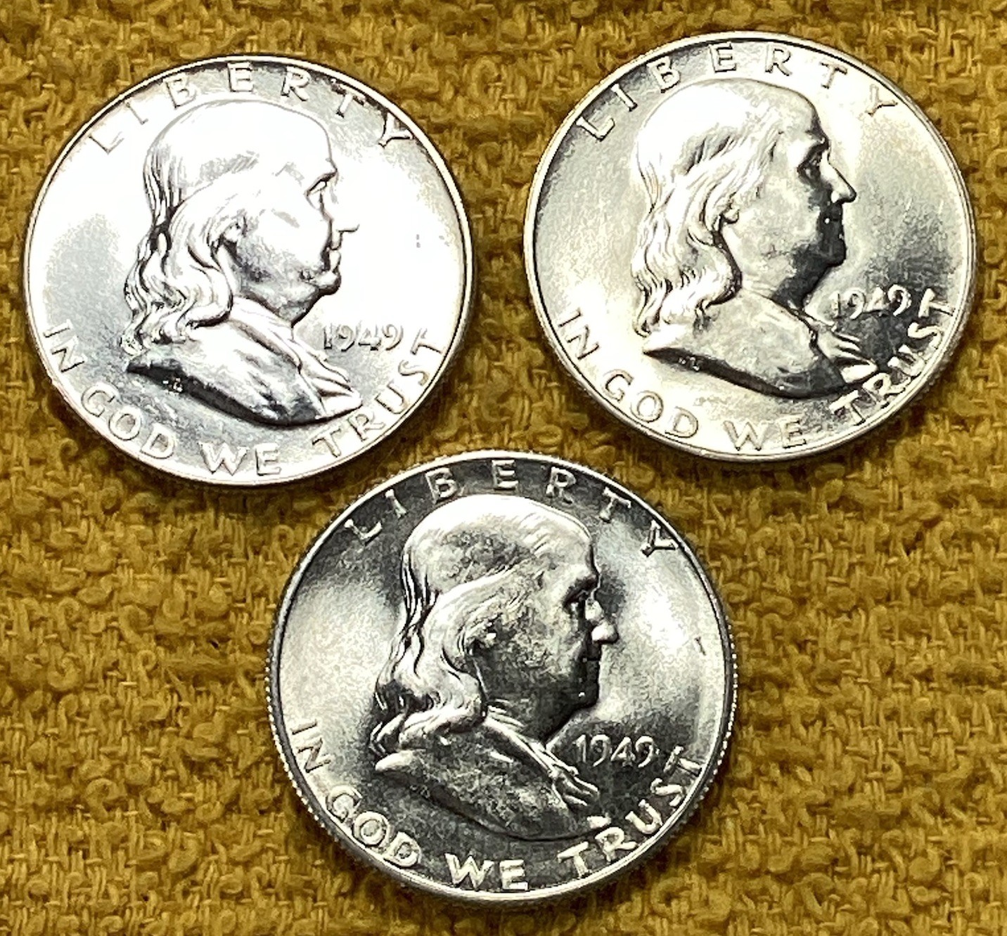 1949-P 1949-D 1949-S Franklin Half Dollar Set (3) UNC. FREE SHIPPING.