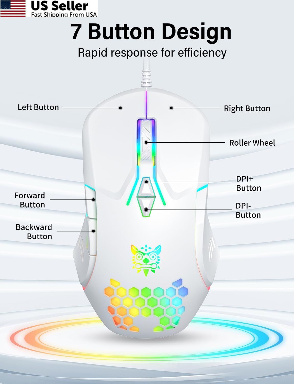 ONITOON Wired USB Mouse, Computer Mouse with RGB Lighting, 4 Adjustable White