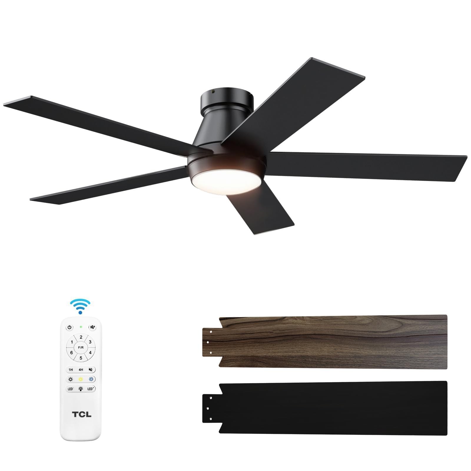 TCL 52" Ceiling Fan with Lights, Black Flush Mount 52 inch,