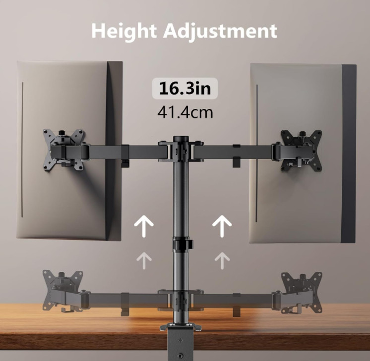 Soporte doble para monitores ajustable hasta 32″ con brazos resistentes, Nuevo