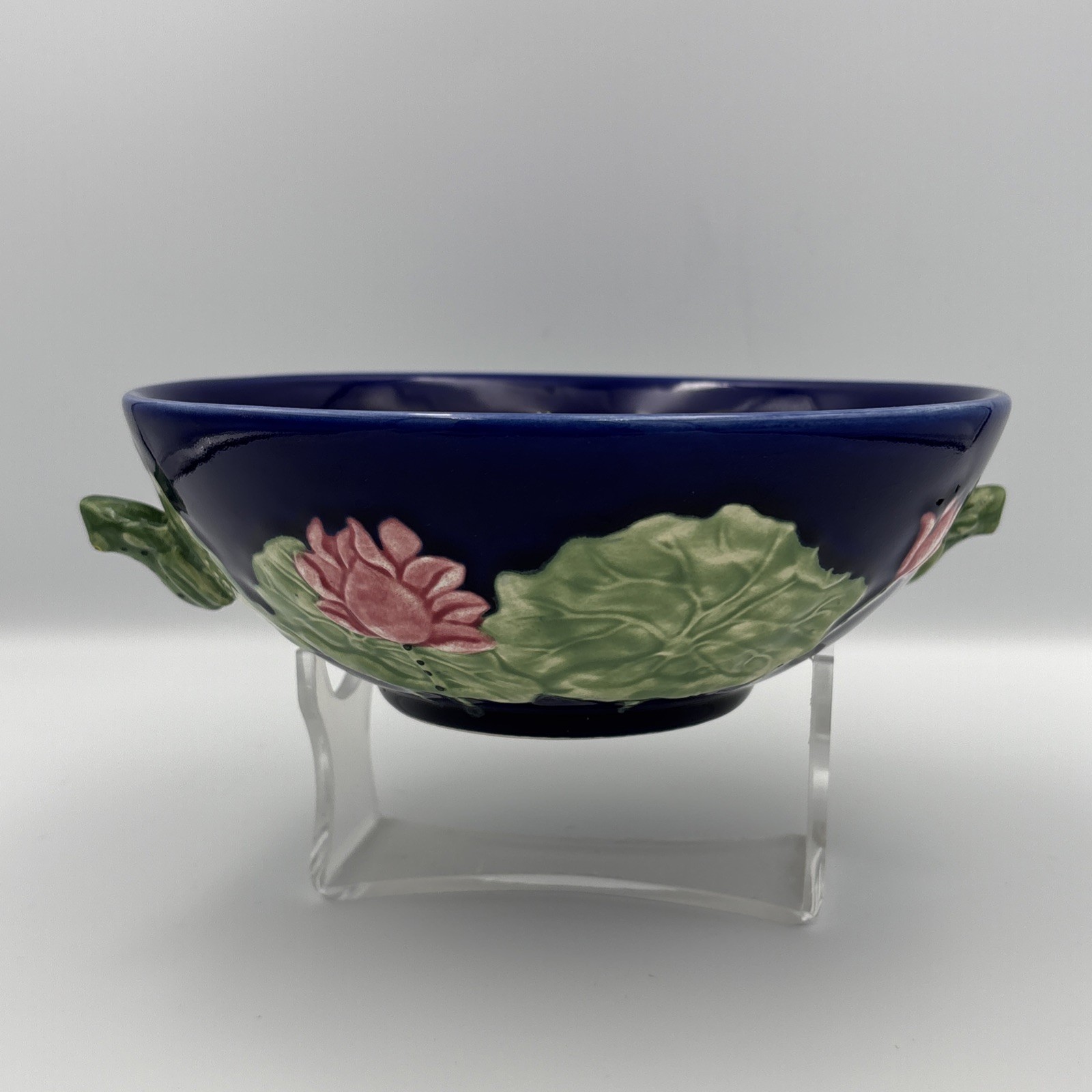 Cobalt Blue 8” Bowl 3D Frogs Lily Pond