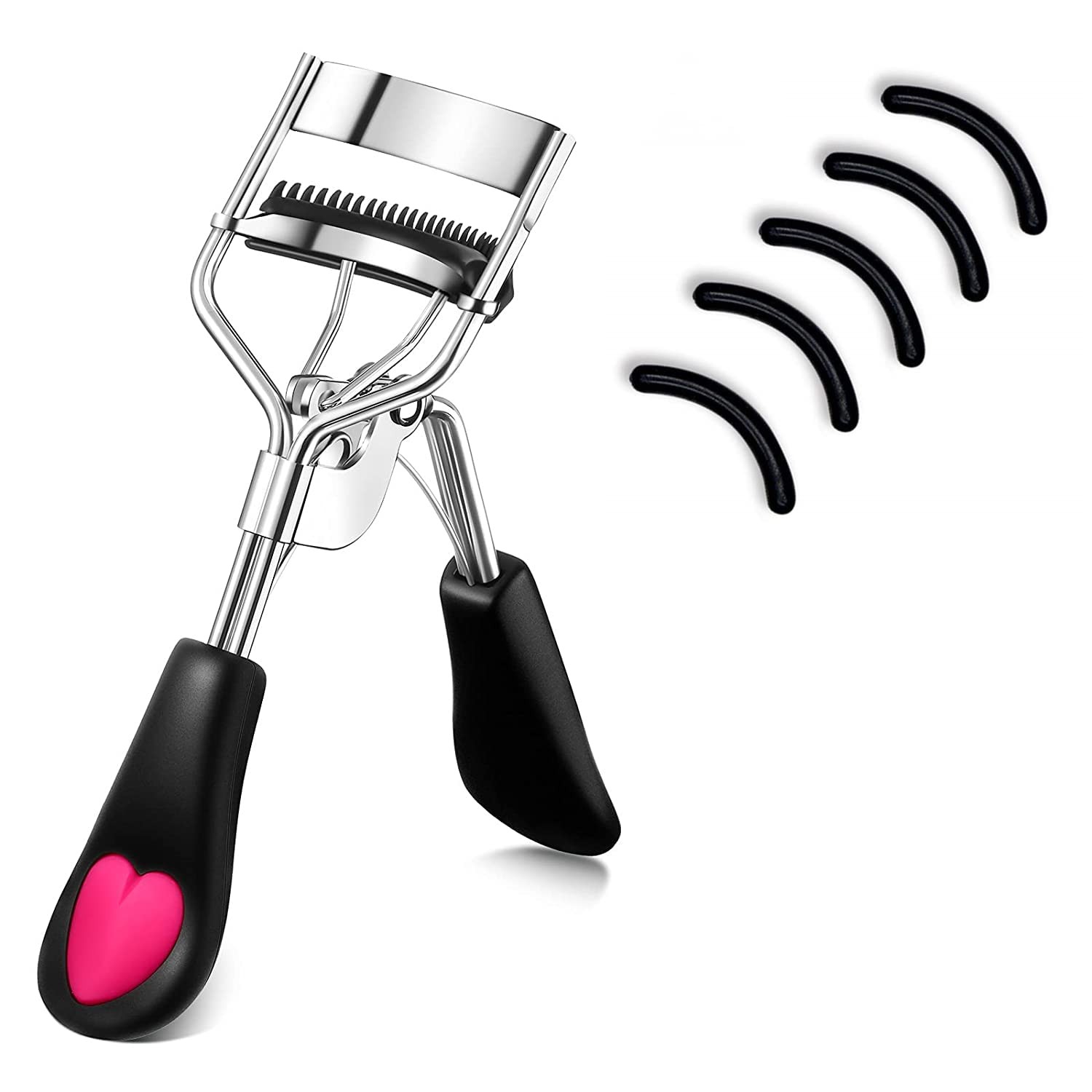 Stainless Steel Eyelash Curler with Built-in Comb and 5 Refill Pads Black