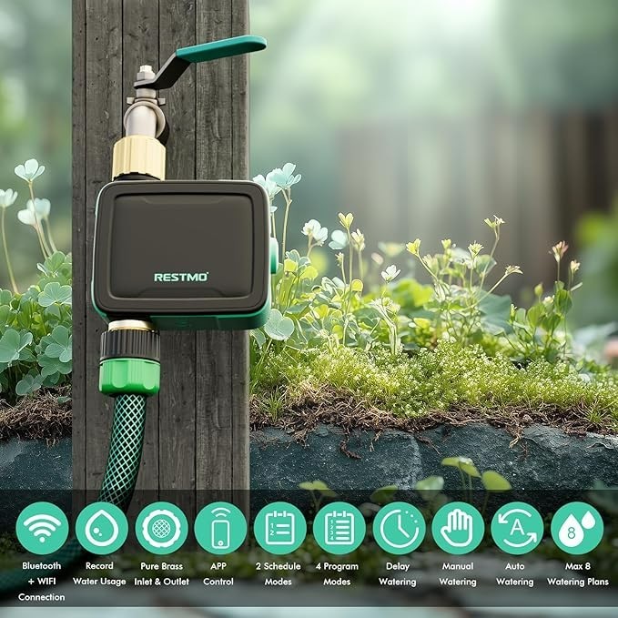 RESTMO Smart Sprinkler brass inlet & outlet Timer with Flow Meter, app control