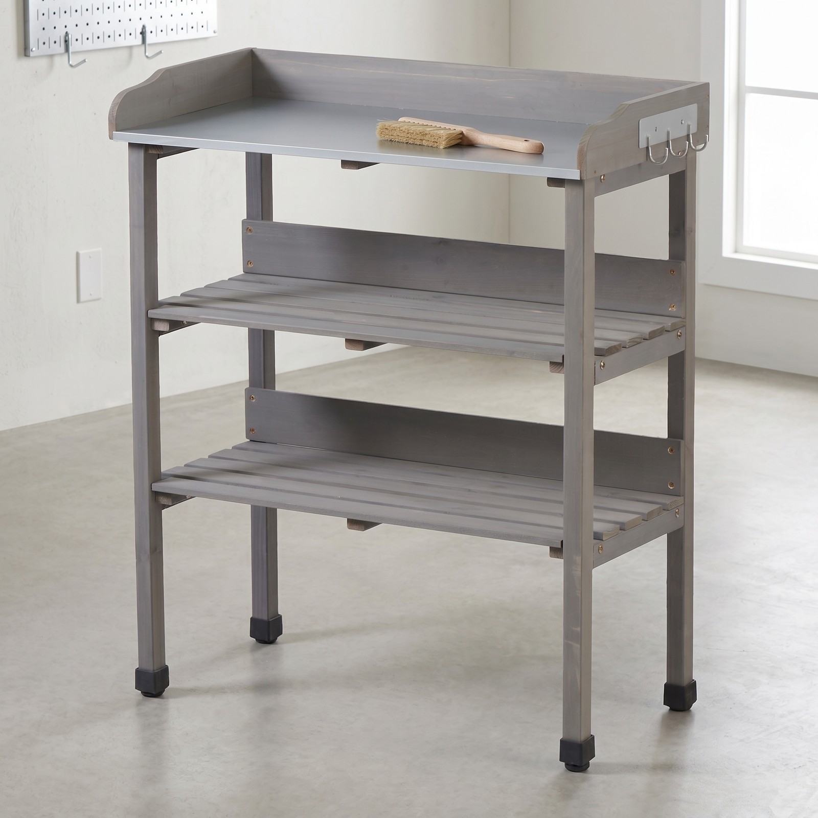 Potting Table with Metal Top, 3-Tier Solid Wood Workbench, 30.5" L