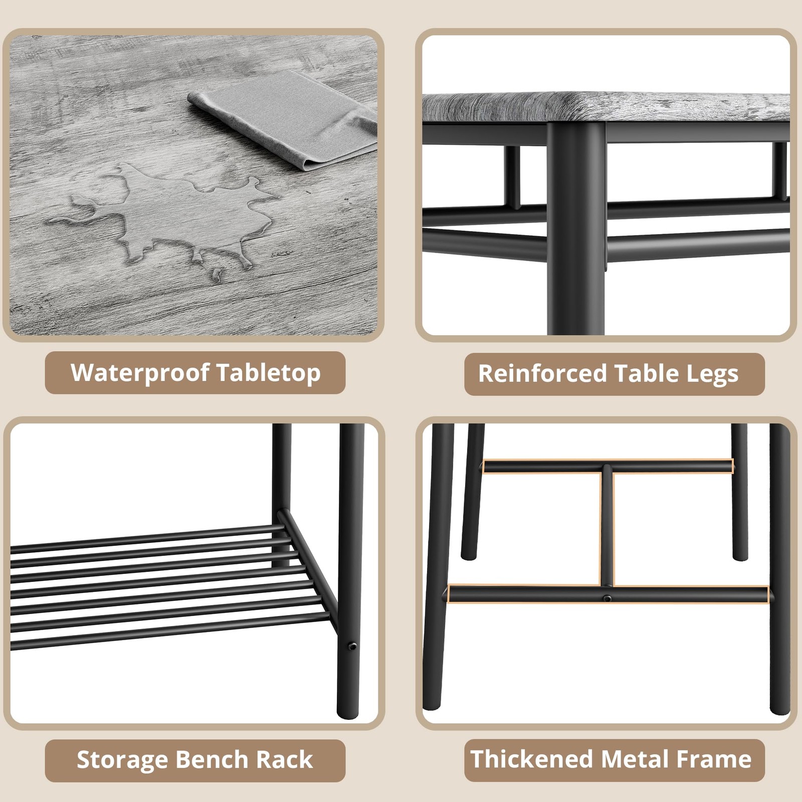 Dining Table Set for 4, Kitchen Table with Upholstered Bench and 2 Chairs, Ki...