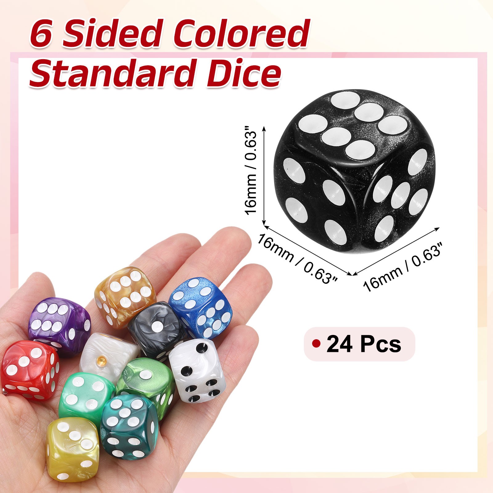 24Pcs 6 Sided Colored Standard Dice, Acrylic D6 Pearl Pattern Dice, Black