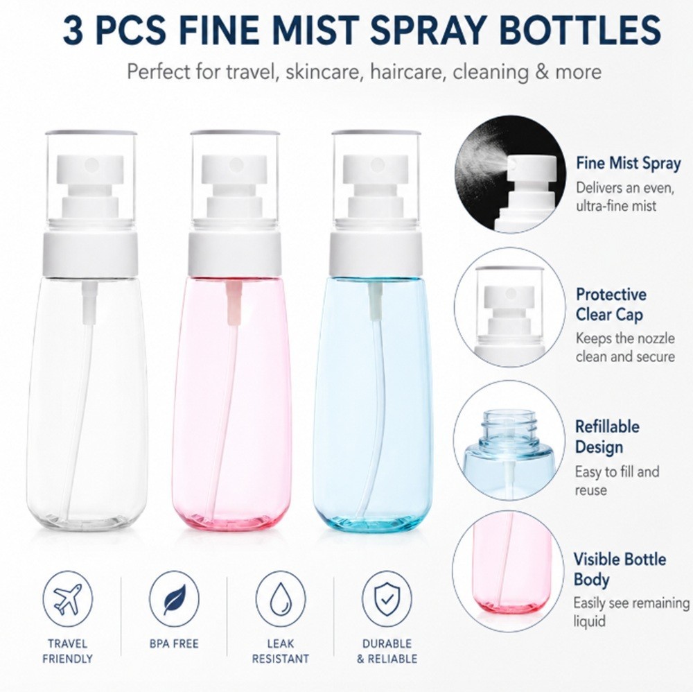 3 Pack  60ml PET Spray Bottles Clear Refillable Fine Mist Travel Atomizers
