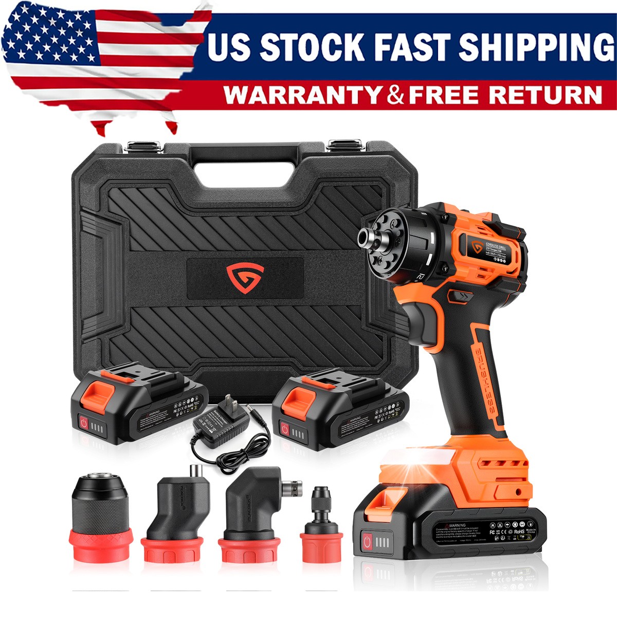 Cordless Impact Wrench Brushless High Torque 1/2 Inch 21V 2 Batteries Heavy Duty