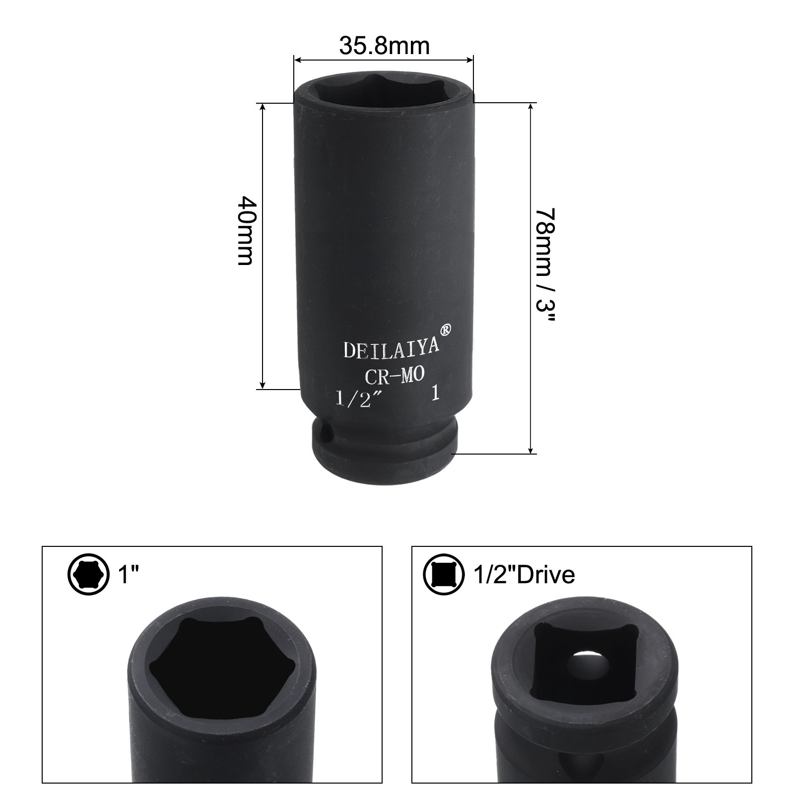 1 Inch SAE Deep Impact Socket 1/2 Inch Drive 6 Point CR-MO Steel Socket