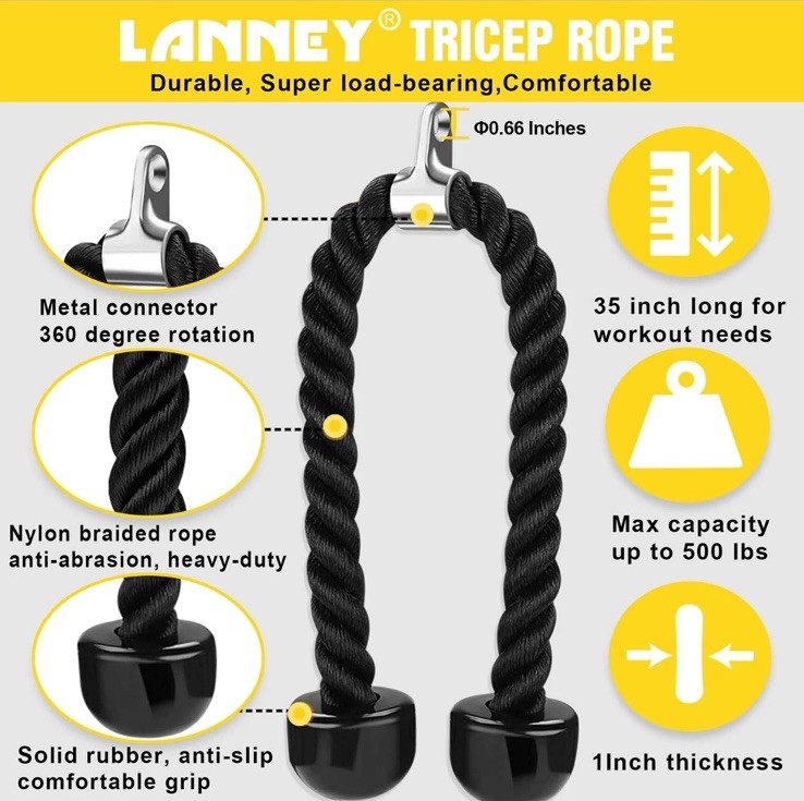 Tricep Rope Cable Machine Attachment, 35" Triceps Pull Down Rope LAT Pulldown...