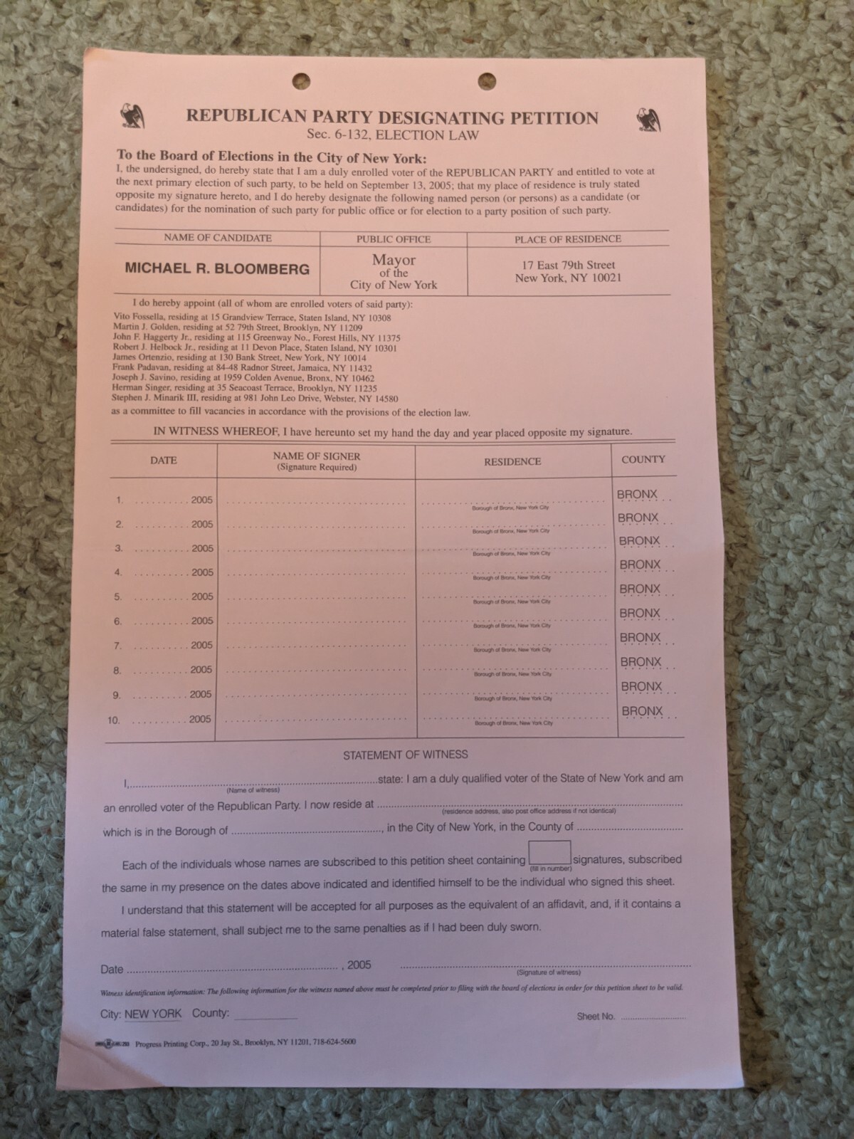 Original Republican Designation Petition for Michael Bloomberg for Mayor 2005