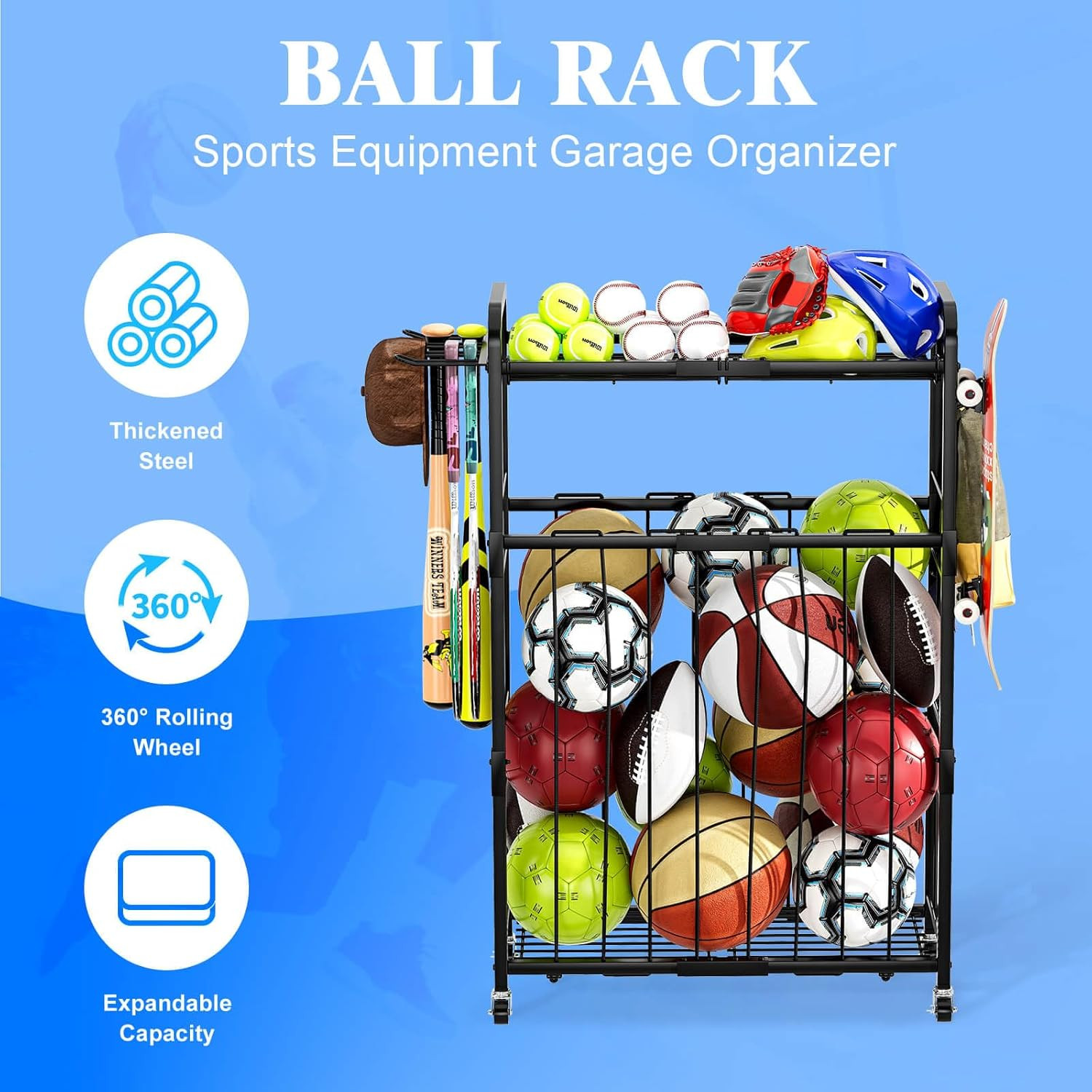 Garage Ball Storage Rack - Sports Equipment Organizer with Wheels, Rolling Sport