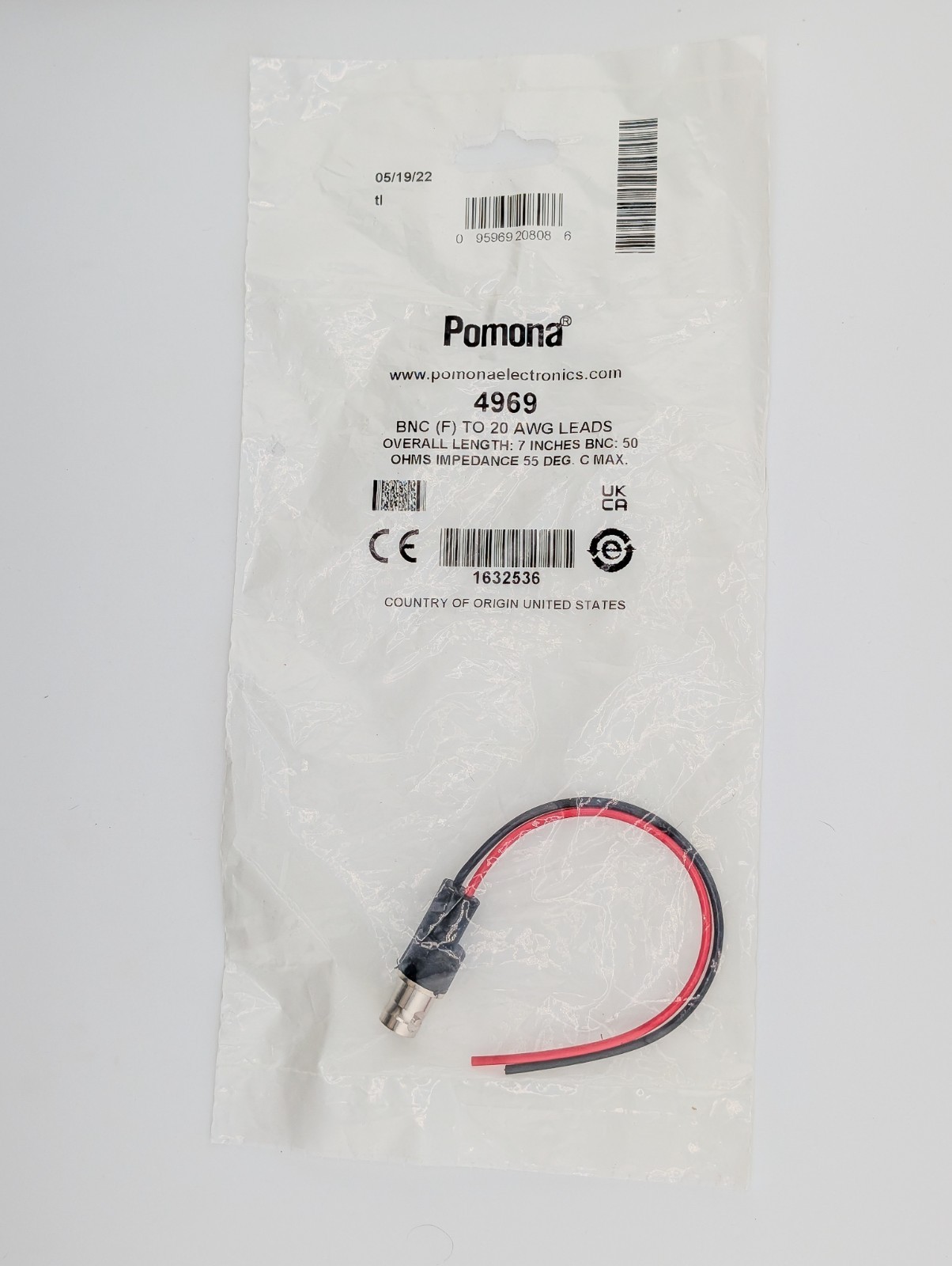 Pomona 4969 BNC Female to 20 AWG Flying Leads Test Cable 5.9in