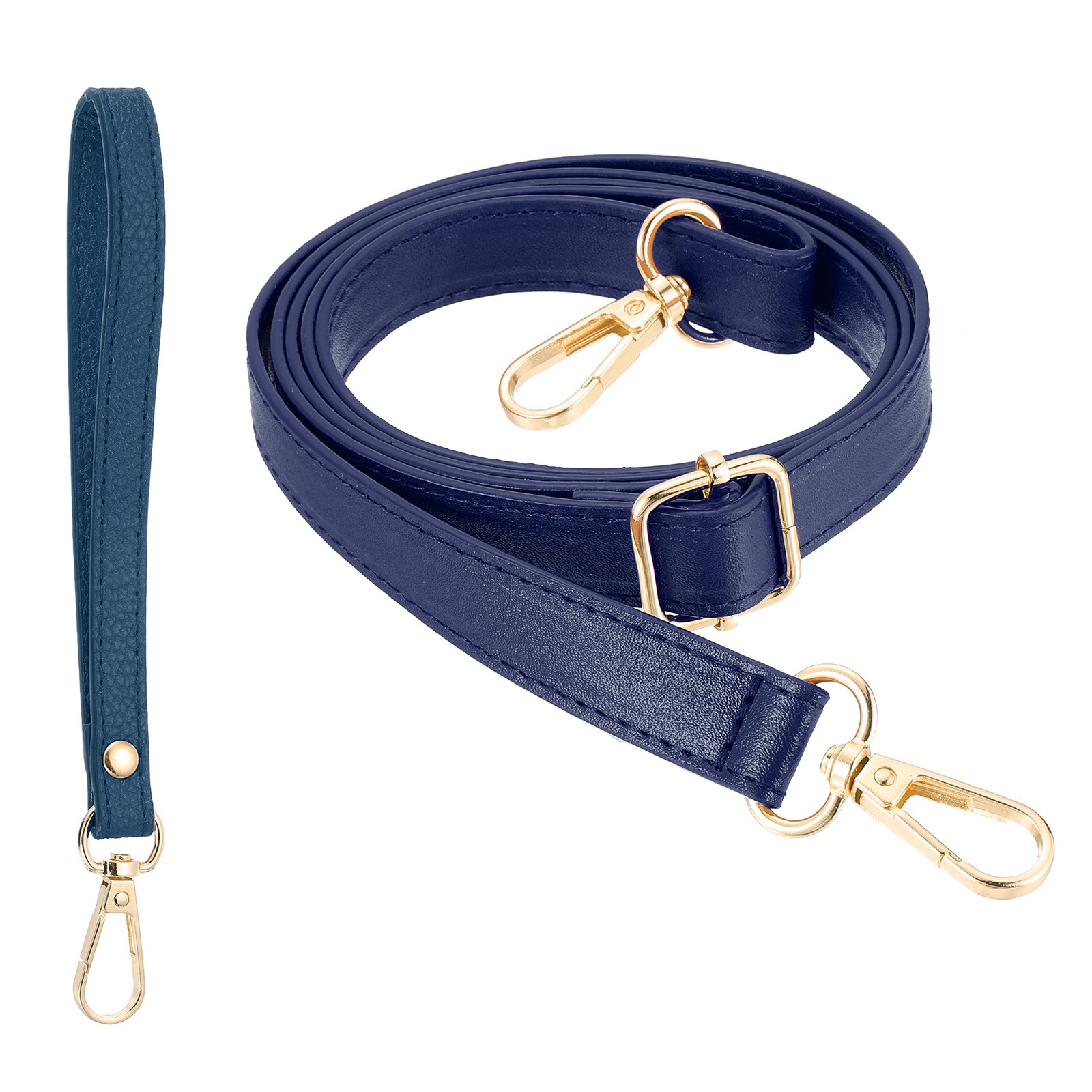 28-52 Inch Adjustable Leather Purse Strap with Wristlet, Dark Blue/Gold