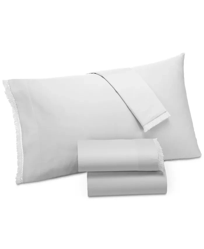 Lucky Brand Fringe Trim 100% Cotton Sateen Pillowcase PAIR - STANDARD - White