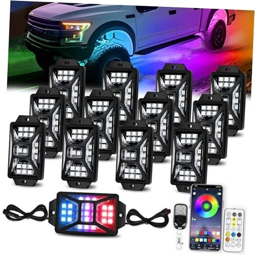 12 Pods 252 LEDs 5 Sides RGB Rock Lights, App/2 Remote Control Rock 12 pods