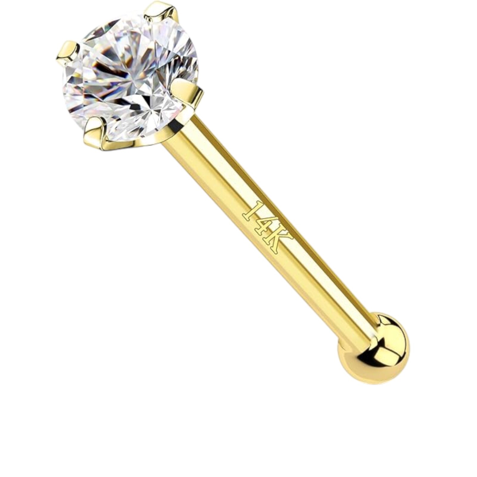 2mm Genuine Diamond 4 Prong Nose Stud  in 14k SolidYellow Gold - Ball end