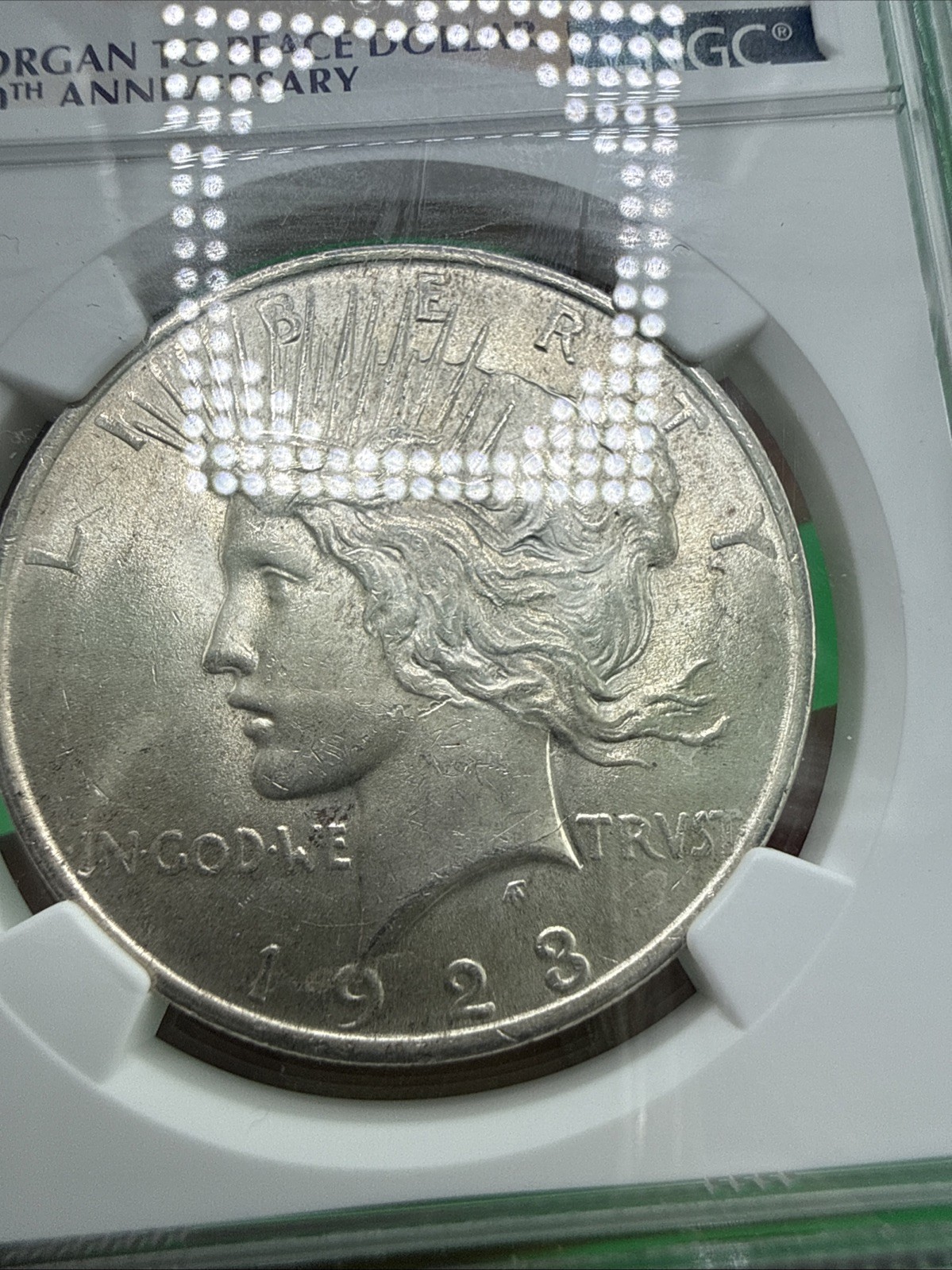 1923 Peace Silver Dollar MS62 NGC 100th Anniversary Flag Label Fire Multiple Ava