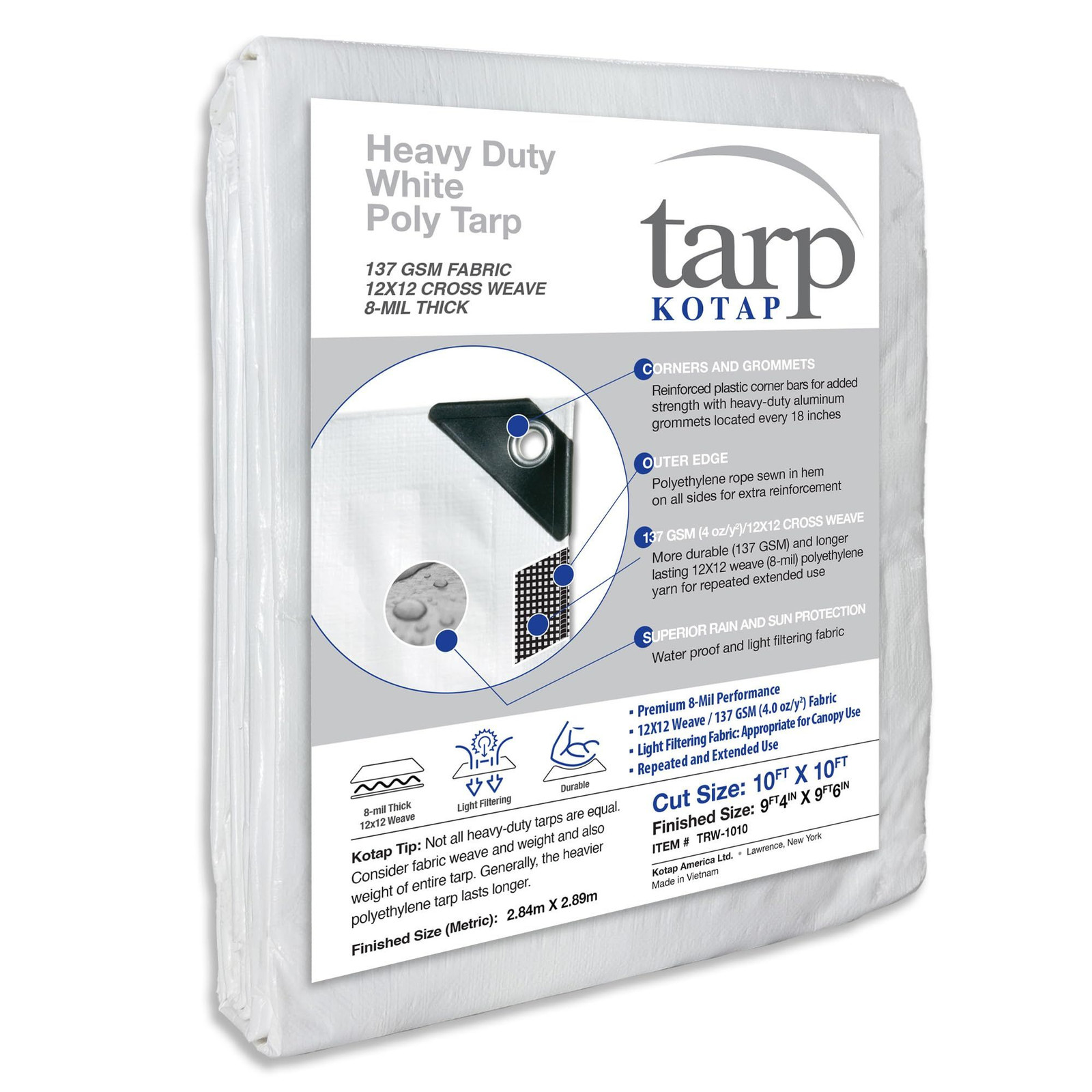 Kotap 10 x 10 Ft. Heavy-Duty Protection/Coverage Tarp, 10 x 10 Ft., White