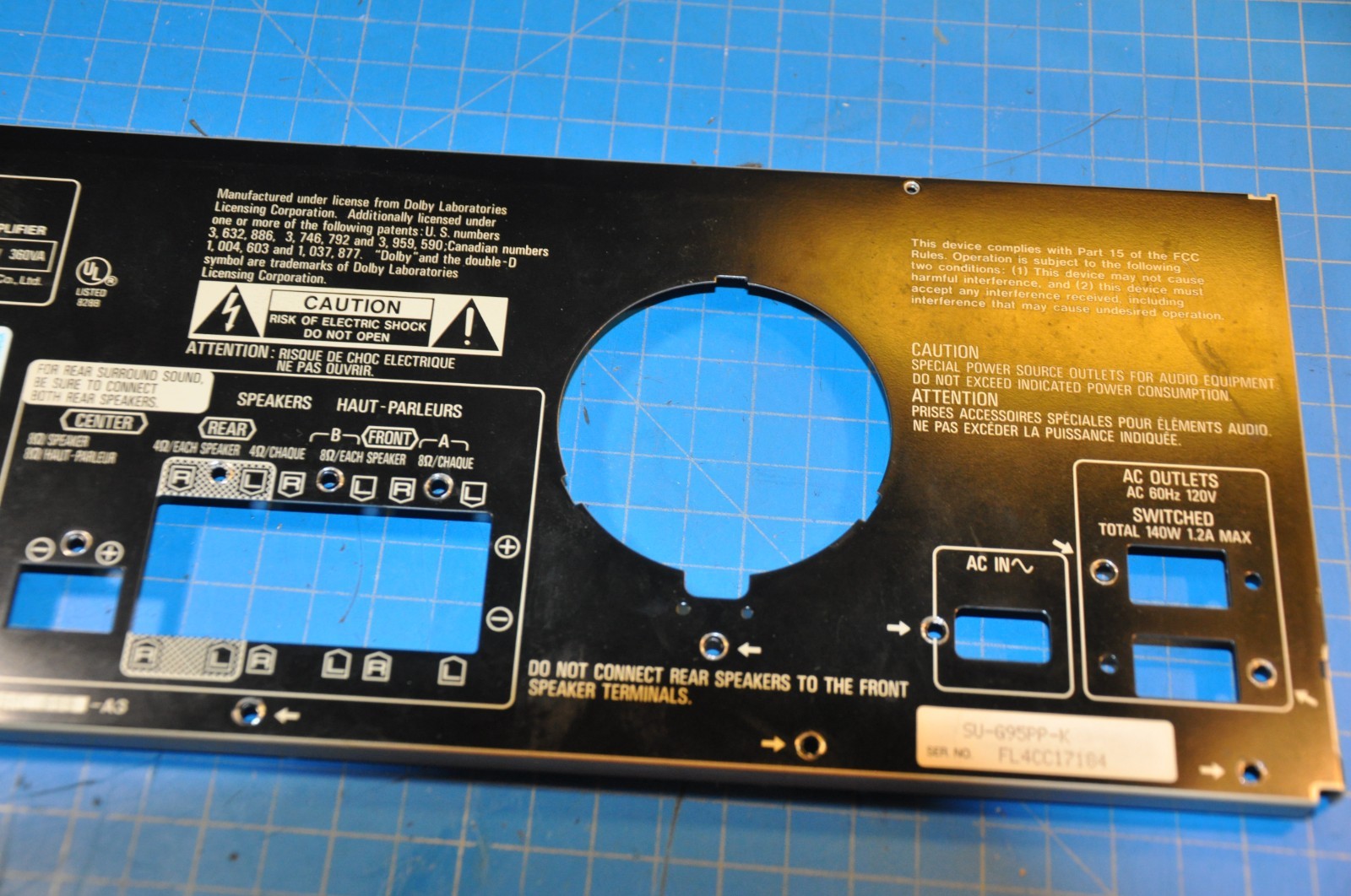 Technics SU-G95 Amplifier Replacement Parts Back Rear Panel Plate