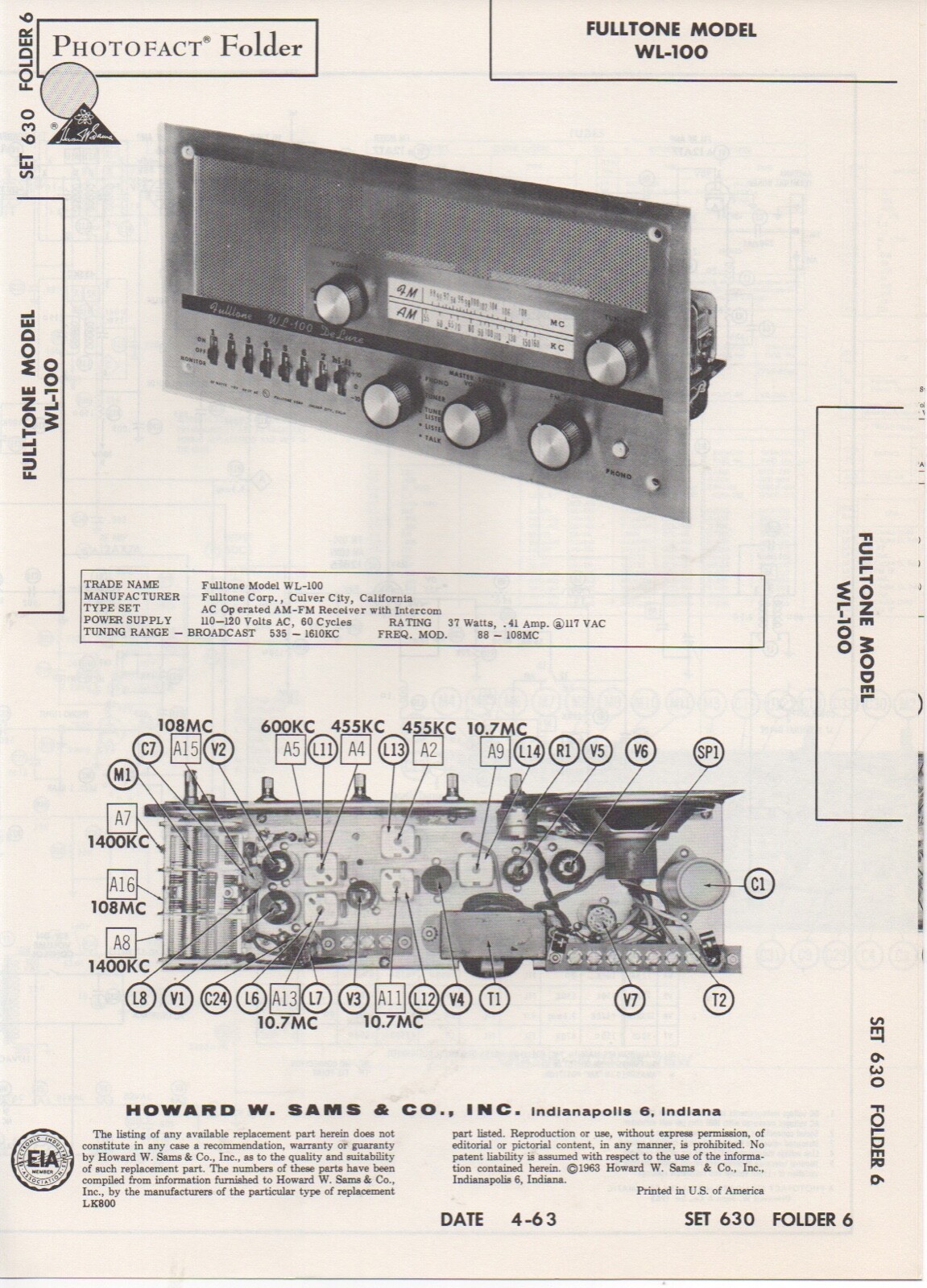 1963 FULLTONE WL-100 RADIO INTERCOM SERVICE MANUAL SCHEMATIC REPAIR PHOTOFACT