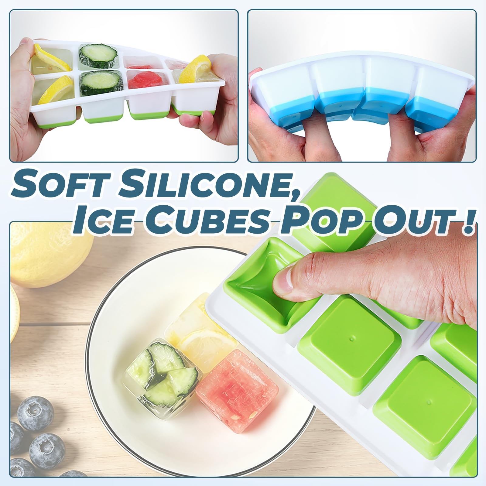 Large Ice Cube Trays with Lid, Jrisbo 2 Pack Stackable Silicone Large, Green