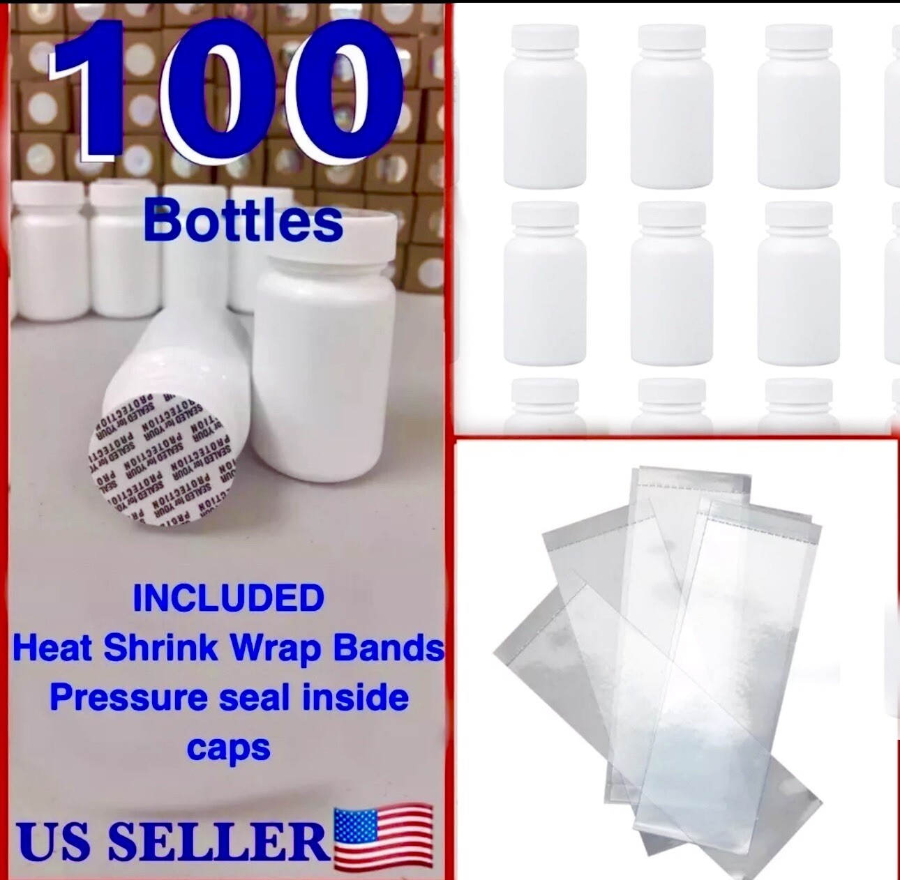 WHOLESALE 100 Empty White Pill Bottle Tablet Capsule Container/Jar/200cc/ml+SEAL