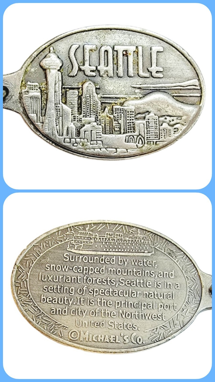 Seattle Vintage Keychain Silvertone Metal Sculpted Washington Souvenir Keyring