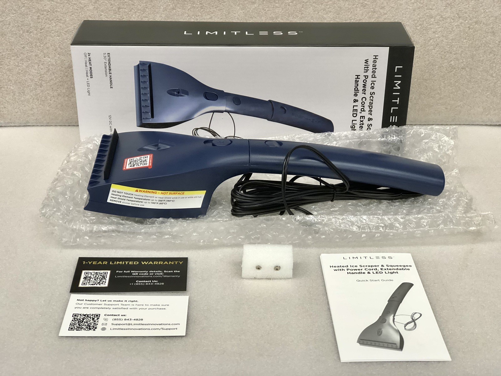 LIMITLESS (Blue) Heated Ice Scraper & Squeegee 12V w/Car Charger, LED Light NEW