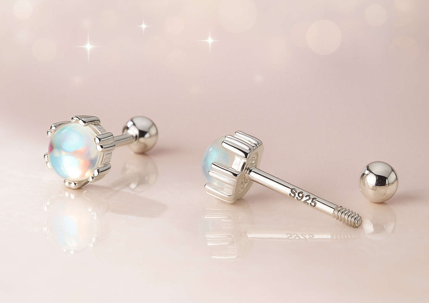 Moonstone Stud Earrings Solid 925 Sterling Silver Screw Back Earrings for Women