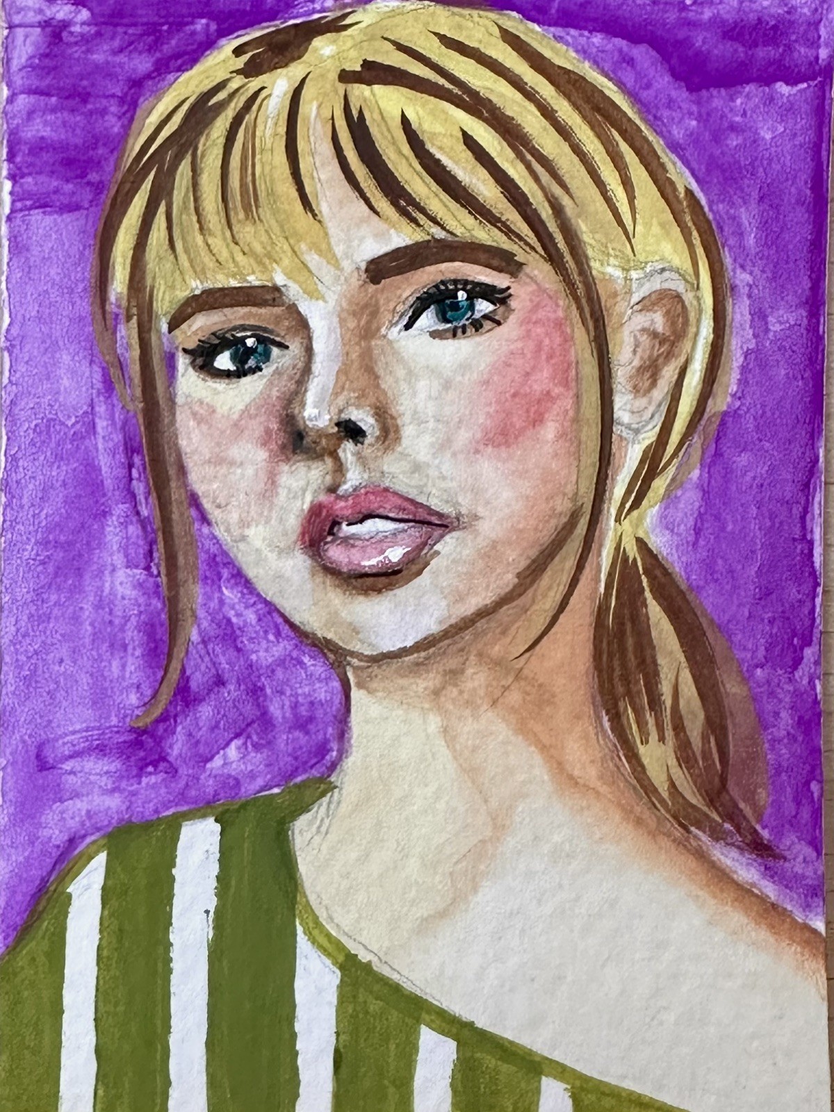 ACEO Original Art Card | Gouache Painting of Blonde woman with quirky top!!