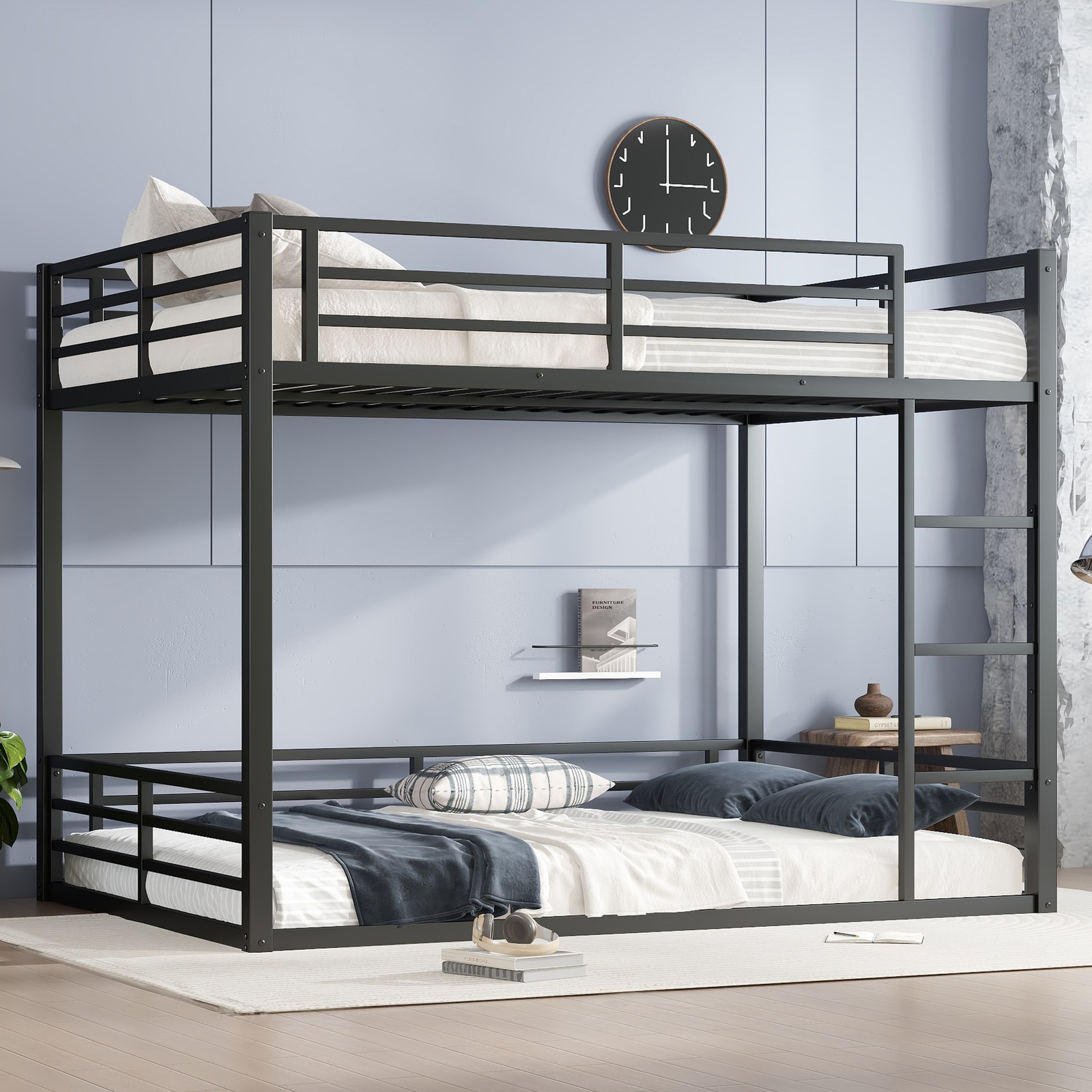 Metal Queen Over Queen Bunk Bed, Black, Space Saving, Noise Reduced